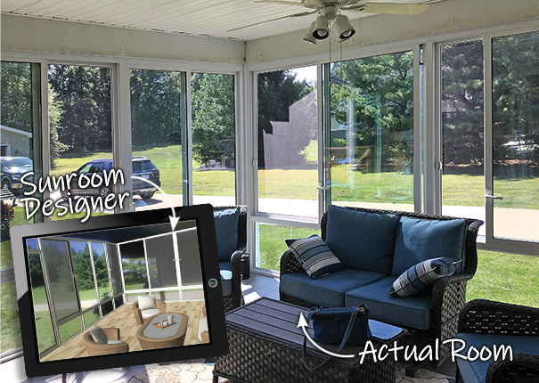 Patio Enclosures 3d visualizer showing the 3d mockup vs the main built room